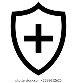 Icono Escudo con signo más, color negro de estilo plano bello símbolo vector para juego, web, aplicación, móvil, producto, servicio, etiqueta, interfaz de usuario, logotipo. Objeto de diseño de ilustración aislado en fondo blanco. 