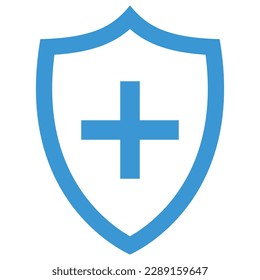 Shield icon with plus sign, flat style blue color beautiful vector symbol for game, web, app, mobile, product, service, label, UI, logo. Illustration design object isolated on white background. 