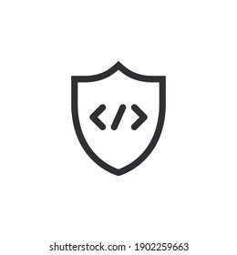 Icono Escudo. Icono de protección. Sistema de seguridad. Protección activada. Seguridad activa. Protección contra virus. Insignia de guardia. Símbolo de protección. Codificación segura. Código del programa de protección. Desarrollo de software. Programación.