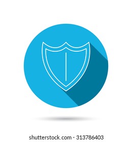 Shield icon. Protection sign. Royal defence symbol. Blue flat circle button with shadow. Vector