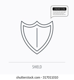 Shield icon. Protection sign. Royal defence symbol. Linear outline icon. Speech bubble of dotted line. Vector