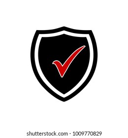 Shield icon with red check mark symbol. Black, red and white isolated security shield icon, vector illustration.