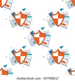 Shield icon seamless pattern. Data protection concept. Social network and investment security. 