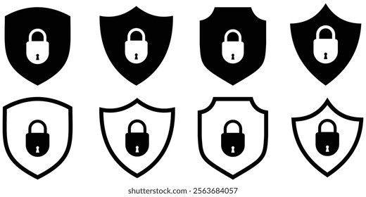 Shield icon. Security icon. Shield with lock. Protection icon. Secure access. Password protection. Safety system. Lock icon. Protection activated. Active safety. Guard badge. Padlock sign.