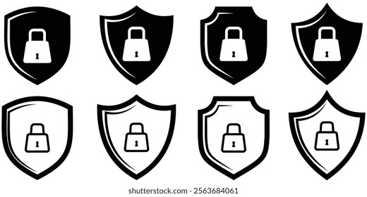 Shield icon. Security icon. Shield with lock. Protection icon. Secure access. Password protection. Safety system. Lock icon. Protection activated. Active safety. Guard badge. Padlock sign.