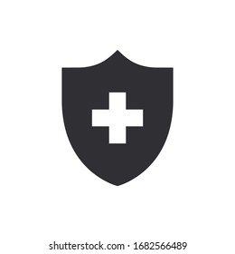 Shield icon. Security vector icon. Protection icon. Safety system. Healthcare. Health insurance. Medical shield. Shield with a cross. Stop virus. Virus protection. Guard badge. Medical aid symbol. 