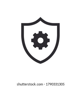 Shield icon. Security vector icon. Protection icon. Shield with cogwheel. Settings. Active safety. Guard badge. Cogwheel sign. Service symbol. Gear vector icon. Options sign. Protection settings. Gear