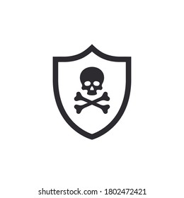 Shield icon. Security vector icon. Protection icon. Active safety. Guard badge. Protection from poison. Danger warning icon. Skull with bones. Alert sign. Poisonous substance. Threat of poisoning.