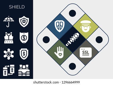 shield icon set. 13 filled shield icons. Simple modern icons about  - Mace, Transfer, Bulletproof vest, Sheriff, Shield, Armour, Protection, Police, Insurance, Ssl
