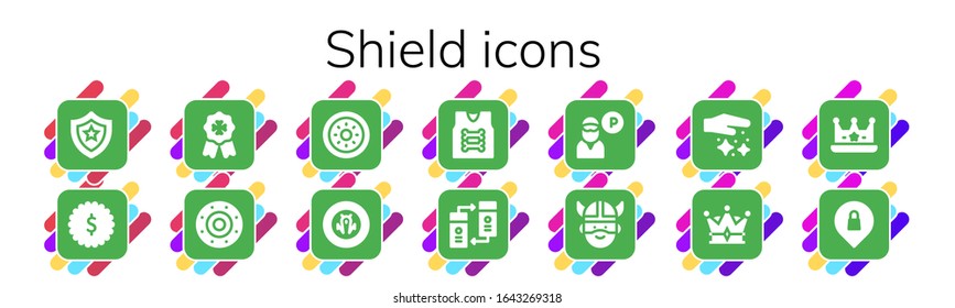 shield icon set. 14 filled shield icons. Included Shield, Badge, Armor, Transfer, Guard, Viking, Dust, Crown, Privacy icons