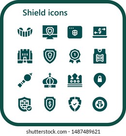 shield icon set. 16 filled shield icons.  Simple modern icons about  - Gum shield, Antivirus, Money transfer, Medieval, Insignia, Armor, Bladder pipe, Crown, Privacy, Firewall