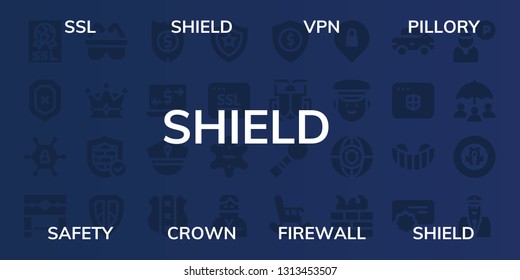 shield icon set. 32 filled shield icons. on blue background style Simple modern icons about  - Ssl, Shield, Vpn, Pillory, Safety, Crown, Firewall, Money transfer, Police, Sheriff