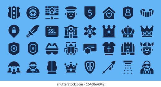 shield icon set. 32 filled shield icons. Included Shield, Privacy, Insurance, Badge, Dagger, Bodyguard, Firewall, Ssl, Safety, Armour, Police, Malware, Crown, Protection icons