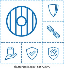 Shield icon. set of 6 shield outline icons such as cargo protection, chain, health insurance