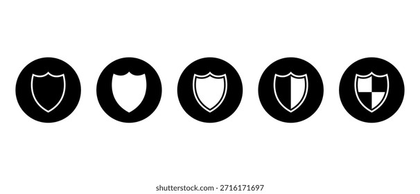 Icono de escudo en círculo negro. Símbolo de seguridad de protección. Defensa, colección de insignia de armadura