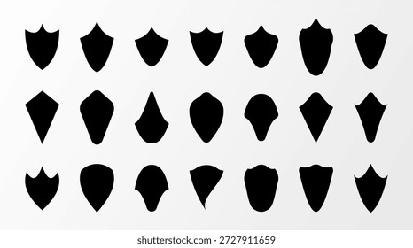 Conjunto de iconos de escudo. Insignias de emblema de heráldica medieval negro, símbolos de escudo de silueta plana para seguridad, App, juegos, logotipos. Colección de siluetas de escudo de Vector editable
