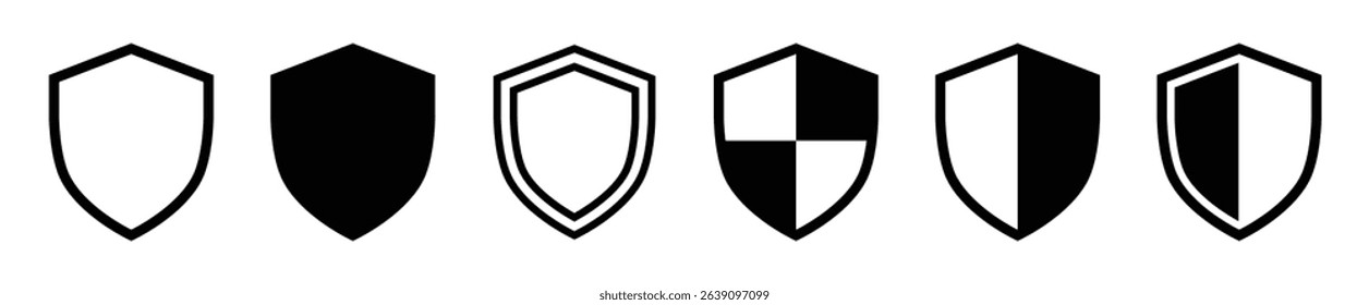 Shield icon set in black and white color vector illustration