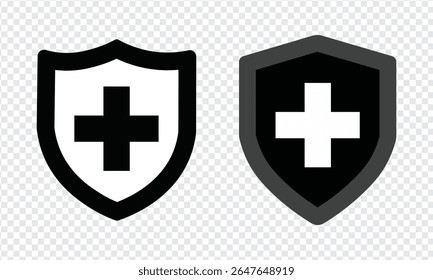 shield icon set with black and white cross design representing medical safety and healthcare protection