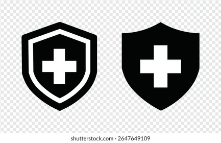 shield icon set with black and white cross symbol representing protection and healthcare in minimal vector design