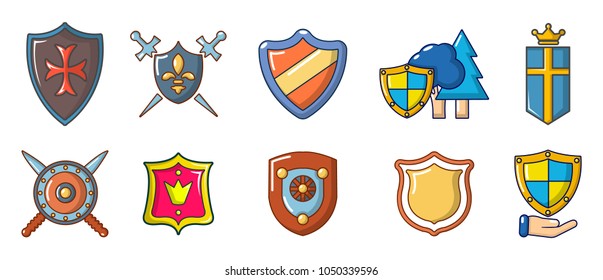 Shield icon set. Cartoon set of shield vector icons for web design isolated on white background