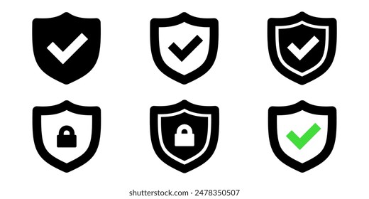 Shield icon set. Shield check icon set.