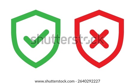 Shield icon set with check mark and cross symbol. Security approved denied icons, protection verify cancel emblem, black outline style vector illustration.
