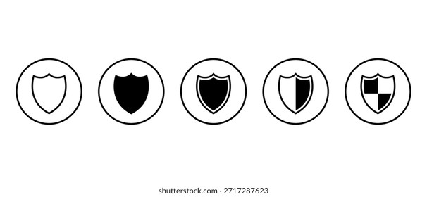 Ícone de escudo definido em contorno circular. Símbolo de segurança de proteção. Defesa, coleção de distintivos de blindagem