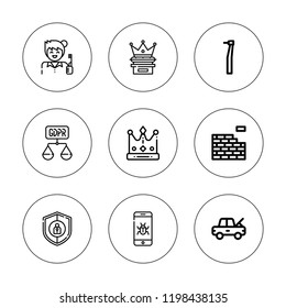 Shield icon set. collection of 9 outline shield icons with brickwall, dentist, damage, crown, gdpr, malware icons. editable icons.