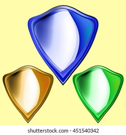 Shield Icon. Set of colored metal bulk shields, gold, green, blue