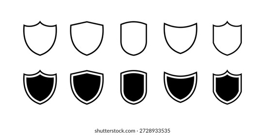 Shield icon set. Containing protection, security, defense, emblem, badge, safety, guard, guardian, insurance, assurance, defense, fortress, strength,