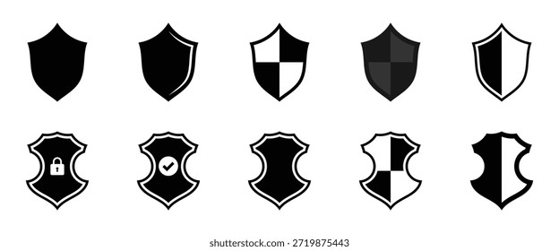 Ícone de escudo definido. Ícones de vetor de silhueta plana de escudos protetores. Emblema e formas de crista para segurança e proteção. Ilustração vetorial. EPS 10