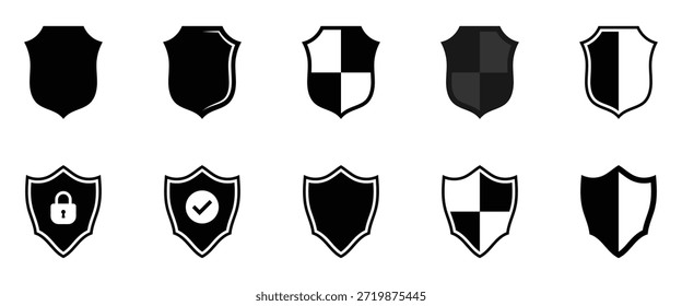 Ícone de escudo definido. Ícones de vetor de silhueta plana de escudos protetores. Emblema e formas de crista para segurança e proteção. Ilustração vetorial. EPS 10