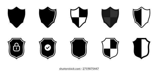 Ícone de escudo definido. Ícones de vetor de silhueta plana de escudos protetores. Emblema e formas de crista para segurança e proteção. Ilustração vetorial. EPS 10