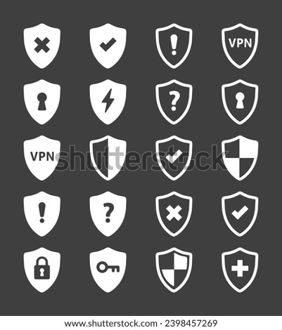 Shield icon set. Flat vector illustration. Black background. 