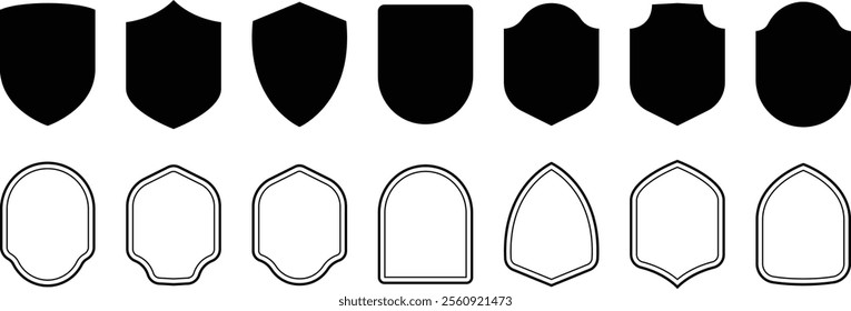 Shield icon set. Heraldic shield set. Badge quality symbol. Protect shapes silhouette. Vector illustration