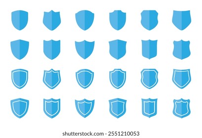 Shield icon set. Heraldic shield set. Blue knight award contours, Badge quality symbol, linear signs, Blue badge quality symbol and Protect shield security silhouette.