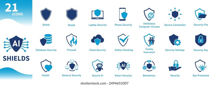 Icono de escudo. Conjunto de iconos para tecnología, protección, seguridad, datos, seguros, seguridad, biometría, inteligencia artificial, salud