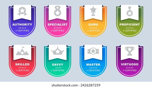 Shield icon set with icons for vocational training certificates and criteria based definitions, logo design