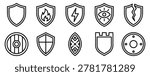 Shield icon set line outline collection for defense symbols including buckler tower viking tribal and elemental shields