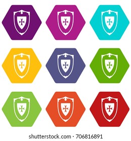 Shield icon set many color hexahedron isolated on white vector illustration