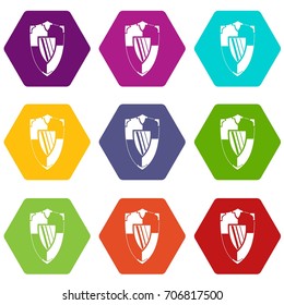 Shield icon set many color hexahedron isolated on white vector illustration