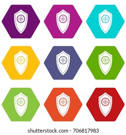 Shield icon set many color hexahedron isolated on white vector illustration