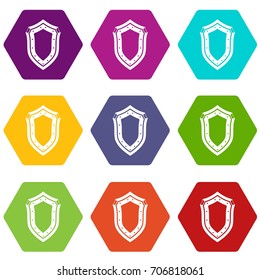 Shield icon set many color hexahedron isolated on white vector illustration