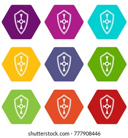 Shield icon set many color hexahedron isolated on white vector illustration