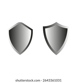 Shield icon set. Metallic silver surface. Gradient security symbol. Vector glossy shapes.