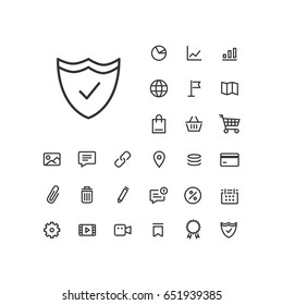 Shield icon in set on the white background. Universal linear icons to use in web and mobile app.