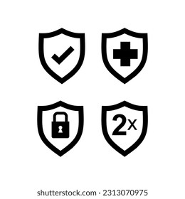 Shield icon set. Protect with check mark, health, security and 2x in the middle Protection icon concept