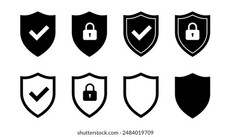 Shield icon set. Protect shield security line icons. Design elements for concept of safety and protection. Vector illustration