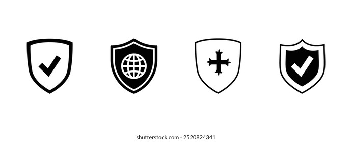 Shield icon set. Protect shield security line icons. Badge quality symbol, sign, logo or emblem. Vector illustration. For website design, app, template, ui, etc.