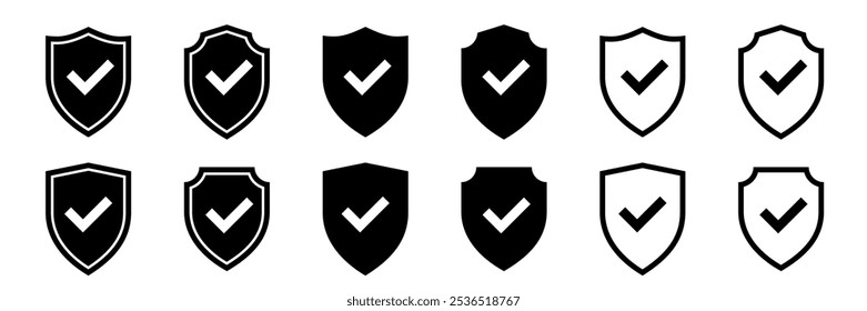 Ícone de escudo definido. Proteger os ícones da linha de segurança de blindagem. Elementos de concepção do conceito de segurança e proteção. Ilustração vetorial